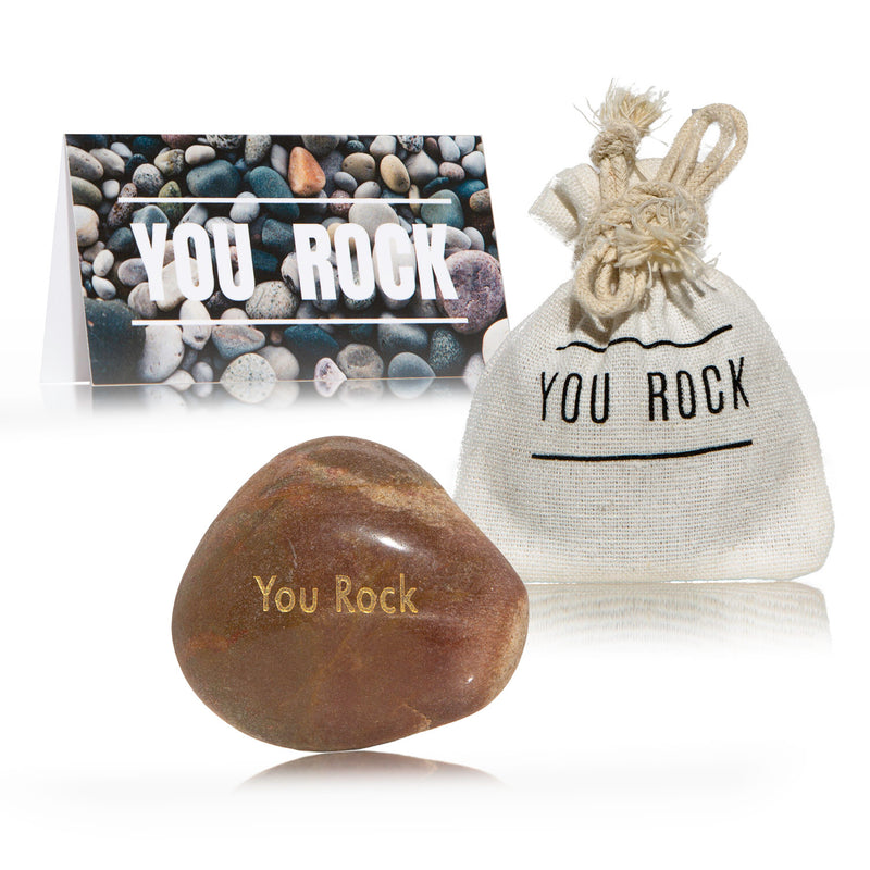 "YOU ROCK" Gold Engraved Rock • The Perfect Gratitude Gift with natural white cotton bag + gift card