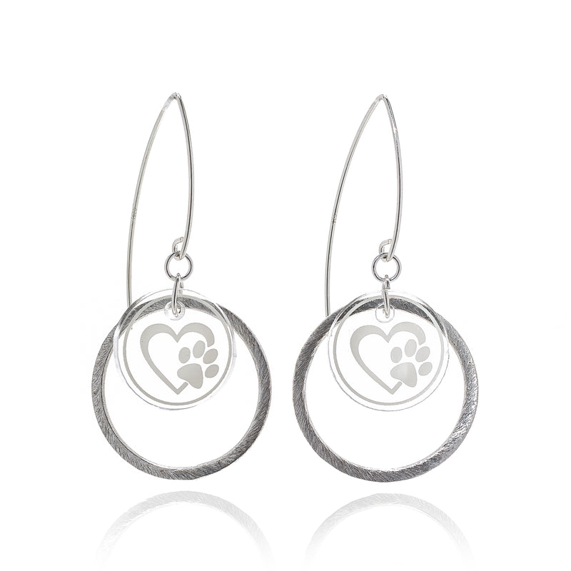 Paw Print Earrings with a heart - Sterling Silver Wire Earrings