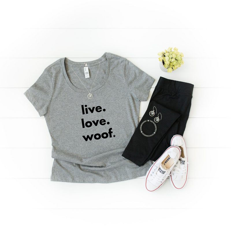 live.love.woof. Inspirational + Modern Dog-Lovers T-Shirt